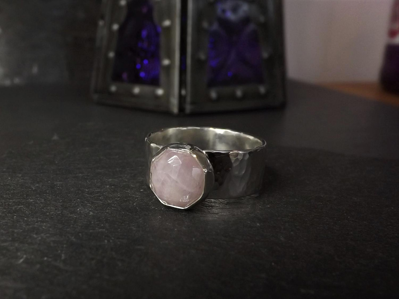 Faceted Pink Kunzite on Wide Hammered Silver Ring size S